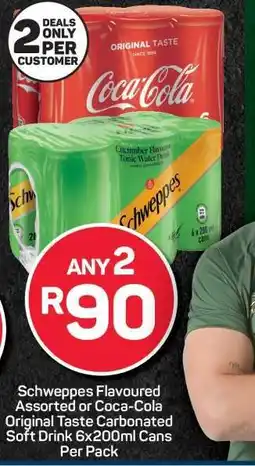 Pick n Pay Schweppes Flavoured Assorted or Coca-Cola Original Taste Carbonated Soft Drink 6x200ml Cans Per Pack offer