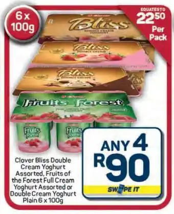 Pick n Pay Hypermarket Clover Bliss Double Cream Yoghurt Assorted, Fruits of the Forest Full Cream Yoghurt offer
