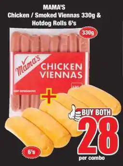 Boxer MAMA'S Chicken / Smoked Viennas 330g & Hotdog Rolls 6's offer