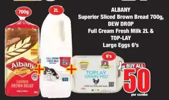 Boxer ALBANY Superior Sliced Brown Bread 700g, DEW DROP Full Cream Fresh Milk 2L & TOP-LAY Large Eggs 6's offer