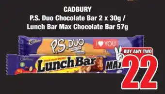 Boxer CADBURY P.S. Duo Chocolate Bar 2 x 30g / Lunch Bar Max Chocolate Bar 57g offer