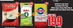 Boxer EXCELLA Long Grain Parboiled Rice 5kg, IWISA Super Maize Meal 5kg & SNOWFLAKE Cake Wheat Flour 5kg offer