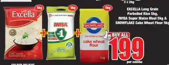 Boxer EXCELLA Long Grain Parboiled Rice 5kg, IWISA Super Maize Meal 5kg & SNOWFLAKE Cake Wheat Flour 5kg offer