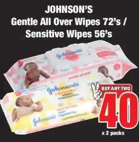 Boxer JOHNSON’S Gentle All Over Wipes 72’s / Sensitive Wipes 56’s offer