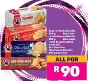 Game Bakers Tennis Biscuits 200g+Red Label Lemon Cream Biscuits 200g+Blue Label Marie Biscuits 200g offer