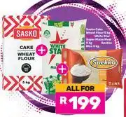 Game Sasko Cake Wheat Flour 5Kg + White Star Super Maize Meal 5Kg + Spekko Rice 5Kg-All for offer