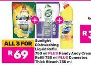 Game Sunlight Dishwashing Liquid Refill 750ml, Handy Andy Cream 750ml & Domestos Bleach 750ml-For All 3 offer