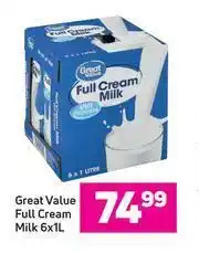 Game Great Value Full Cream Milk-6 x 1L offer