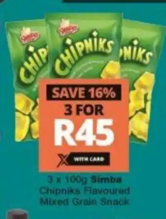 Checkers Simba Chipniks Flavoured Mixed Grain Snack 3 x 100g offer