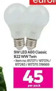 Game Eurolux 9W LED A60 Classic B22 WW Twin-Per Pack offer