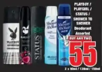 Boxer PLAYBOY/ PLAYGIRL/ STATUS/ SHOWER TO SHOWER Deodorant Assorted offer