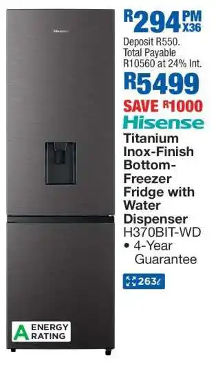 OK Furniture Hisense Titanium Inox-Finish Bottom-Freezer Fridge with Water Dispenser H370BIT-WD offer