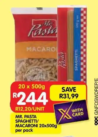 Shoprite MR. PASTA SPAGHETTI/MACARONI 20x500g per pack offer