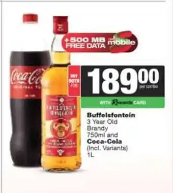 Spar Tops Buffelsfontein 3 Year Old Brandy 750ml and Coca-Cola 1L offer
