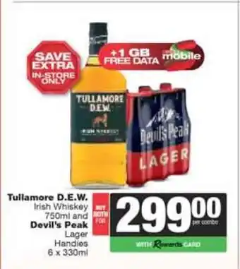 Spar Tops Tullamore D.E.W. Irish Whiskey 750ml and Devil's Peak Lager Handies 6 x 330ml offer