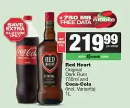 Spar Tops Red Heart Original Dark Rum 750ml and Coca-Cola 1L offer
