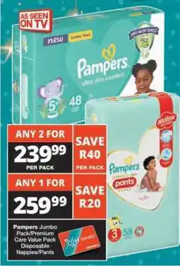 Checkers Pampers Jumbo Pack/Premium Care Value Pack Disposable Nappies/Pants offer