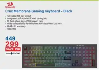 Incredible Connection REDRAGON Crux Membrane Gaming Keyboard Black offer