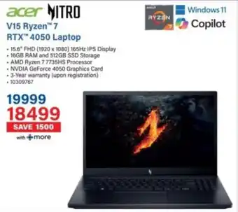Incredible Connection Acer V15 Ryzen 7 RTX 4050 Laptop offer