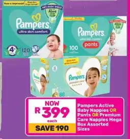 Game Pampers Active Baby Nappies OR Pants OR Premium Care Nappies Mega Box Assorted Sizes offer