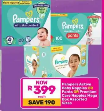 Game Pampers Active Baby Nappies OR Pants OR Premium Care Nappies Mega Box Assorted Sizes offer