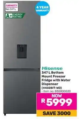 Game Hisense 347 L Bottom Mount Freezer Fridge with Water Dispenser (H450BIT-WD) offer