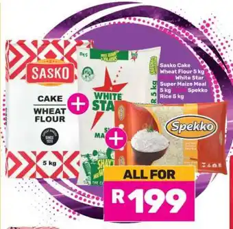 Game Sasko Cake Wheat Flour 5 kg + White Star Super Maize Meal 5 kg + Spekko Rice 5 kg offer