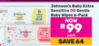 Game Johnson's Baby Extra Sensitive OR Gentle Baby Wipes 6-Pack offer