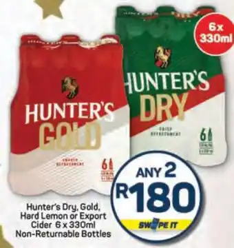 Pick n Pay Hunter's Dry, Gold, Hard Lemon or Export Cider 6 x 330ml Non-Returnable Bottles offer