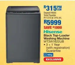 OK Furniture Hisense Black Top-Loader Washing Machine WT3W1622UB offer
