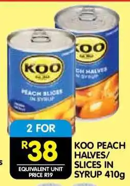 Shoprite KOO PEACH HALVES/SLICES IN SYRUP 410g offer