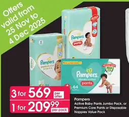 Clicks Pampers Active Baby Pants Jumbo Pack, or Premium Care Pants or Disposable Nappies Value Pack offer