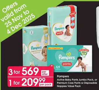 Clicks Pampers Active Baby Pants Jumbo Pack, or Premium Care Pants or Disposable Nappies Value Pack offer