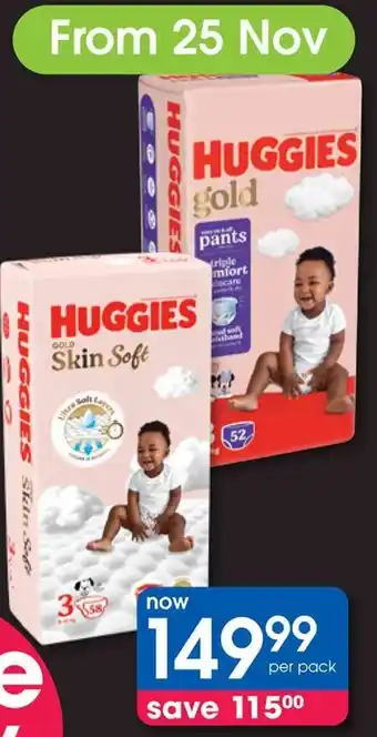Clicks Huggies Gold Skin Soft Disposable Nappies or Gold Pants Value Pack offer