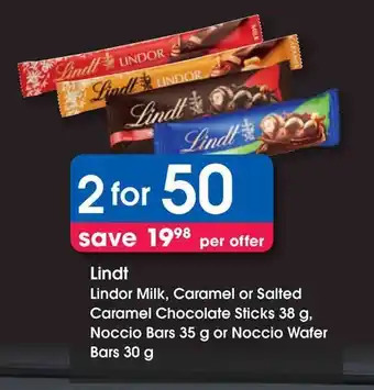 Clicks Lindt Lindor Milk, Caramel or Salted Caramel Chocolate Sticks, Noccio Bars or Noccio Wafer Bars offer