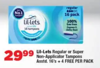 Lil-Lets Regular or Super Non-Applicator Tampons Asstd.