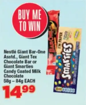 OK Foods Nestlé Giant Bar-One Asstd., Giant Tex Chocolate Bar or Giant Smarties Candy Coated Milk Chocolate offer