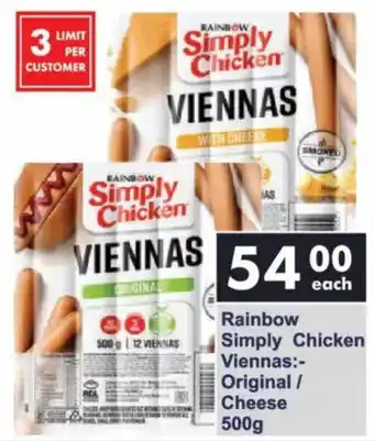 President Hyper Rainbow Simply Chicken Viennas Original/ Cheese offer