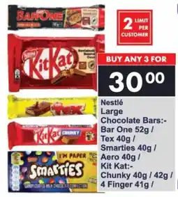 President Hyper Nestlé Large Chocolate Bars Bar One/ Tex/ Smarties/ Aero/ Kit Kat Chunky/ 4 Finger offer