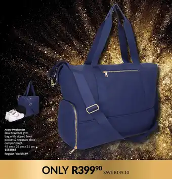AVON Avery Weekender Blue travel or gym bag with zipped front pocket & separate shoe compartment offer