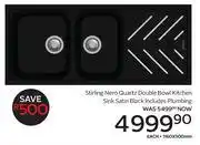 CTM Stirling Nero Quartz Double Bowl Kitchen Sink Satin Black (Includes Plumbing) 1160 x 500mm offer