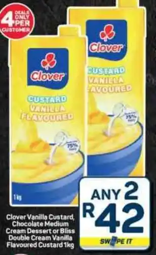 Pick n Pay Hypermarket Clover Vanilla Custard, Chocolate Medium Cream Dessert or Bliss Double Cream Vanilla Flavoured Custard offer