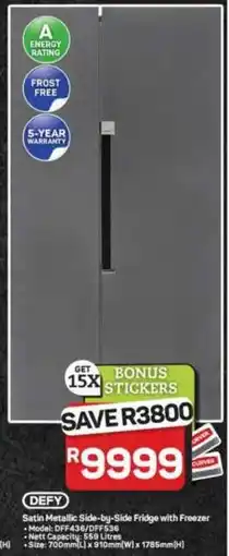 Pick n Pay Hypermarket DEFY Satin Metallic Side-by-Side Fridge with Freezer offer