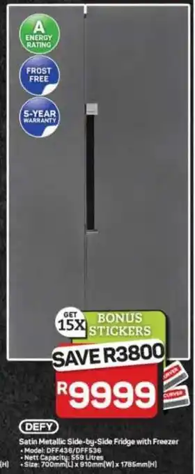 Pick n Pay Hypermarket DEFY Satin Metallic Side-by-Side Fridge with Freezer offer