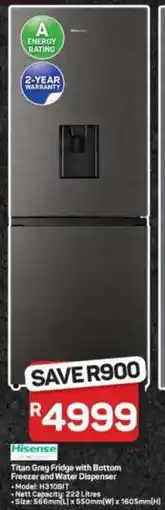 Pick n Pay Hypermarket Hisense Titan Grey Fridge with Bottom Freezer and Water Dispenser offer