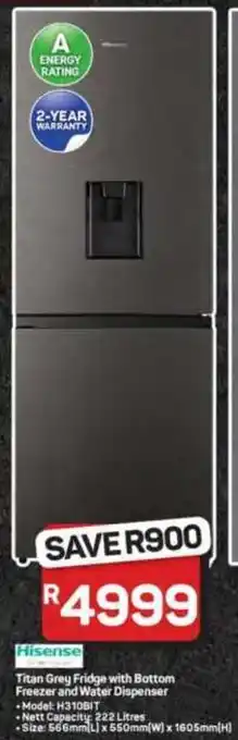 Pick n Pay Hypermarket Hisense Titan Grey Fridge with Bottom Freezer and Water Dispenser offer
