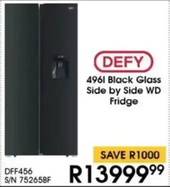 Hirsch's DEFY Black Glass Side by Side WD Fridge offer