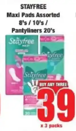 Boxer STAYFREE Maxi Pads Assorted/ Pantyliners offer