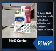 K Carrim 10 Boxes 60x60, Pebble Grey, 5Kg Grout, 4x20Kg Porcelain Adhesive & 5mm Tile Spacer Combo-Per Combo offer