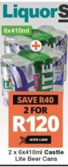 Checkers Castle Lite Beer Cans 2 x 6x410ml offer